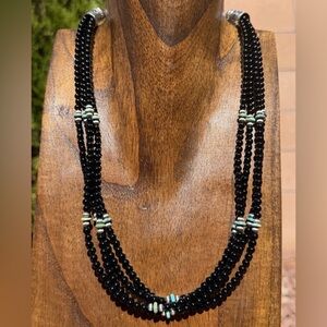 Sterling Silver Multi Strand Black Onyx Turquoise Bead Necklace. 22 Inch